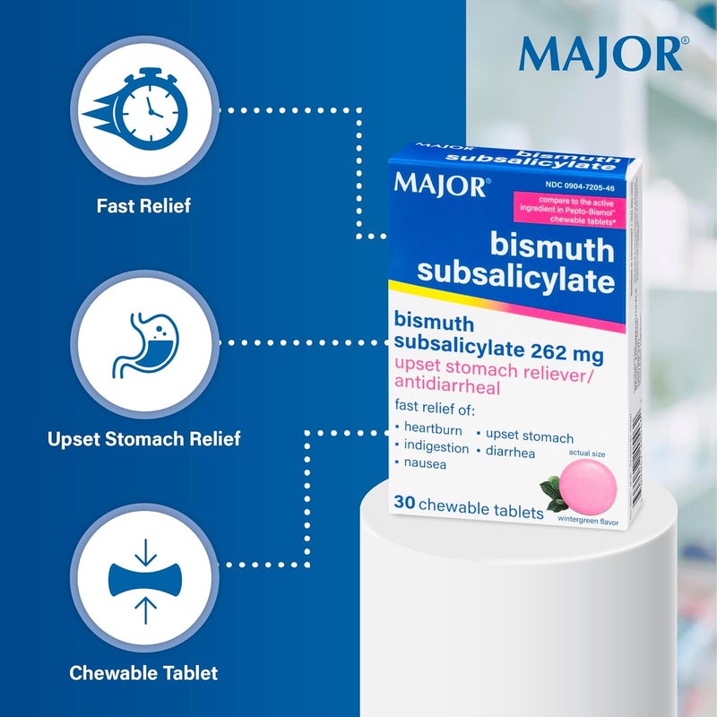 MAJOR Bismuth Subsalicylate 262 mg Chewables - Offers Heartburn, Indigestion, Nausea, Diarrhea, and Upset Stomach Relief - Anti-diarrheal - 30 Chewable Tablets (2 Pack) - Image 5